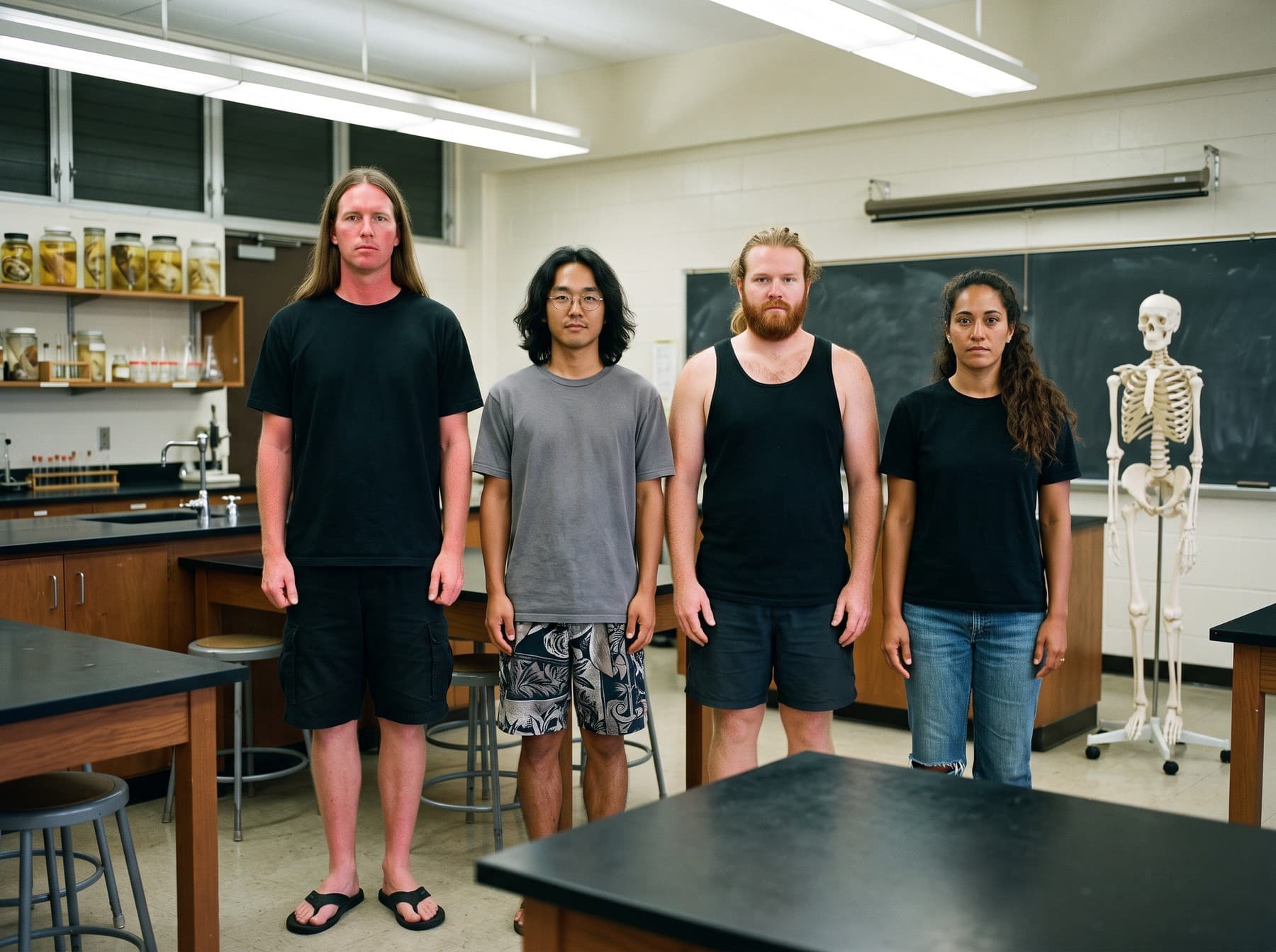 The four band members stand in a row in a high school biology classroom, specimen jars on a shelf behind them and a classroom skeleton by the chalkboard