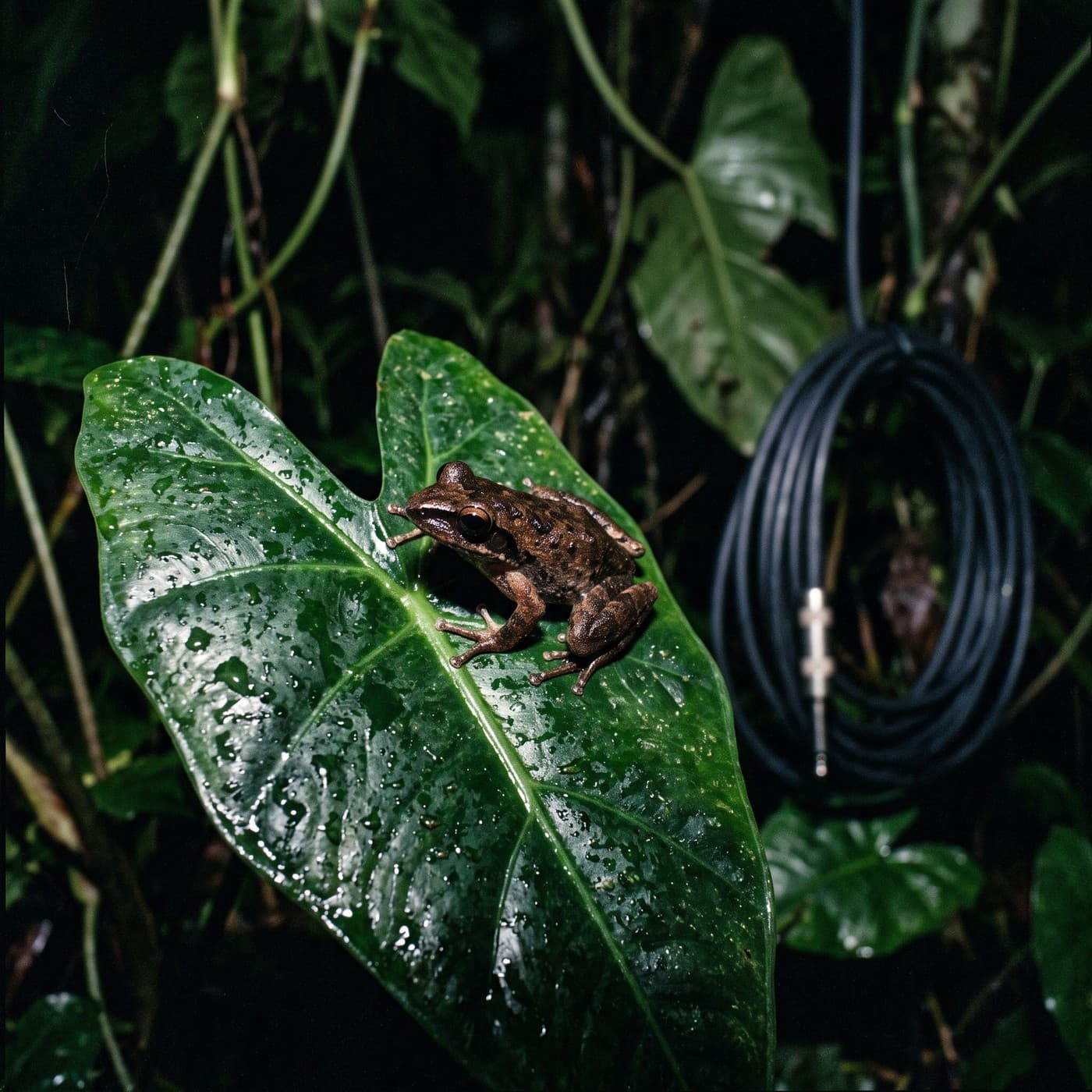 A small brown coqui frog sits on a wet green leaf at night, a coiled black instrument cable hanging on a branch behind it