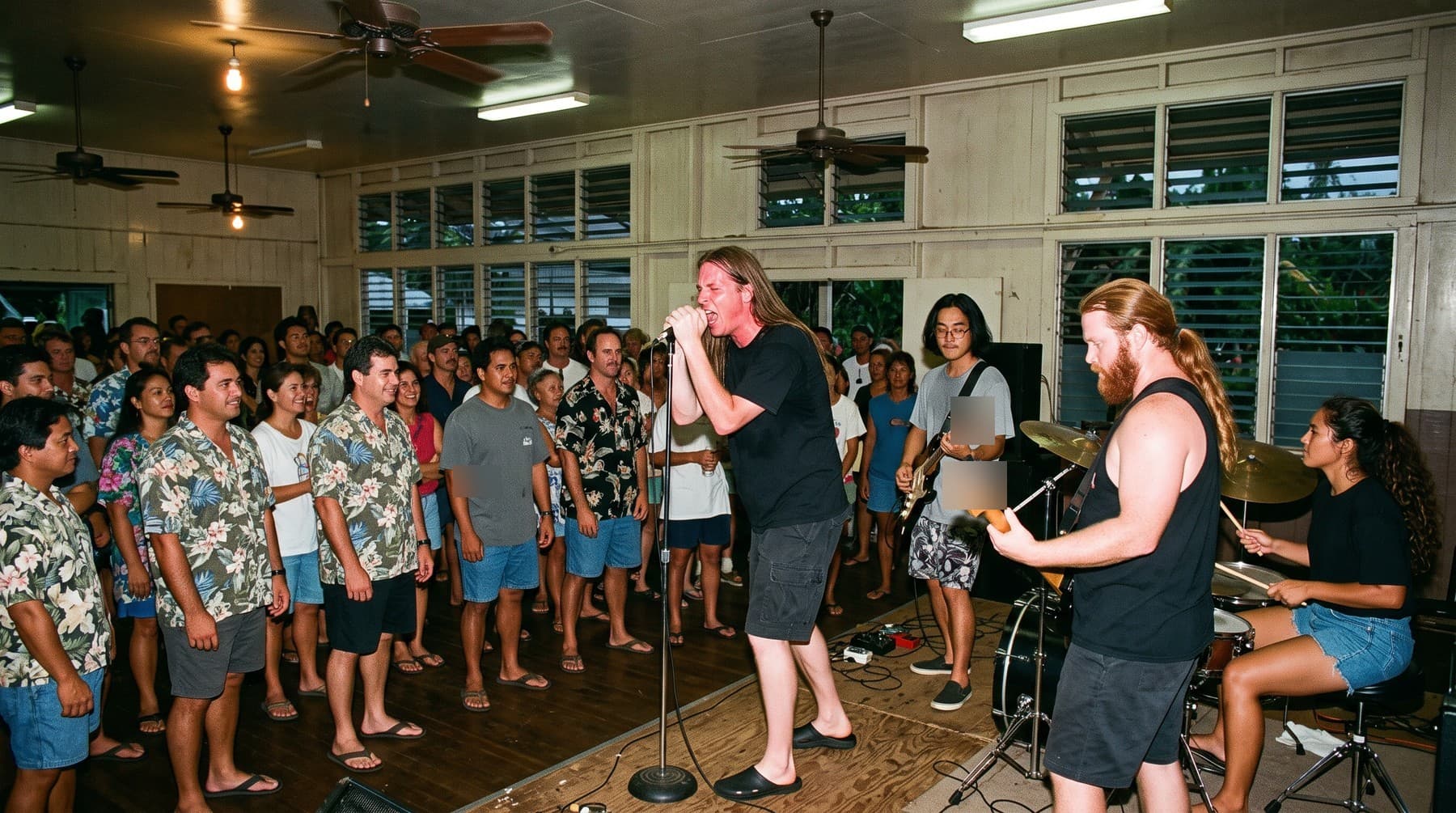 The band plays on a low plywood stage in a community hall with louvered windows and ceiling fans while a crowd in aloha shirts and slippers watches