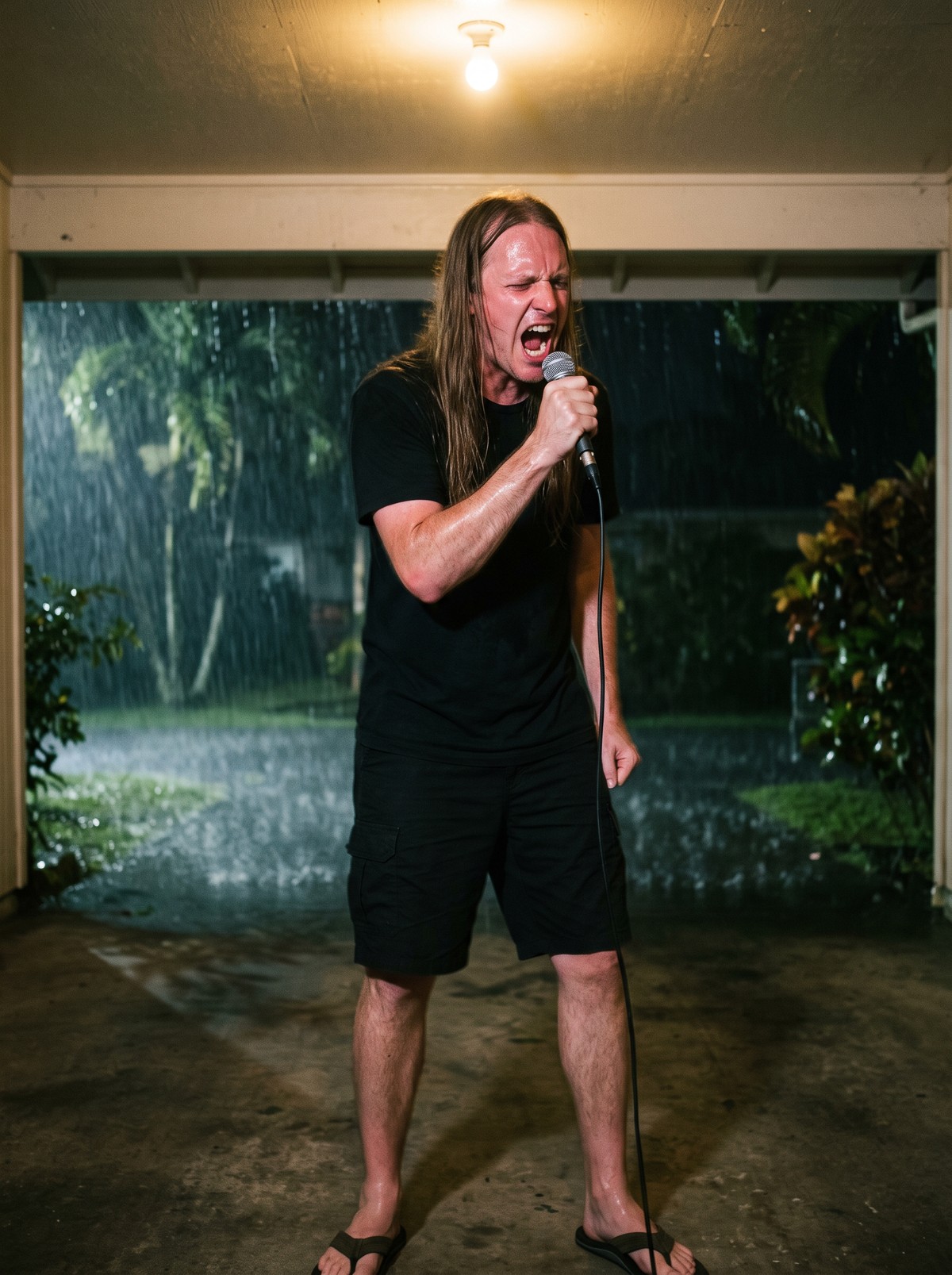 A tall long-haired singer in a black T-shirt, cargo shorts and rubber slippers screams into a microphone