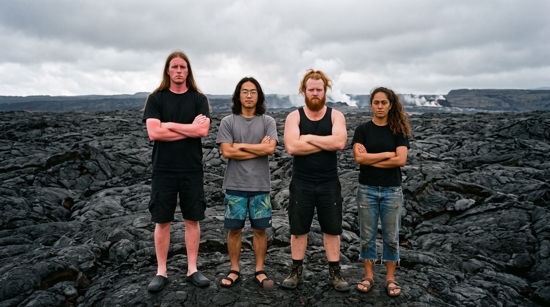 The four band members stand with arms crossed on a black lava field under a grey sky